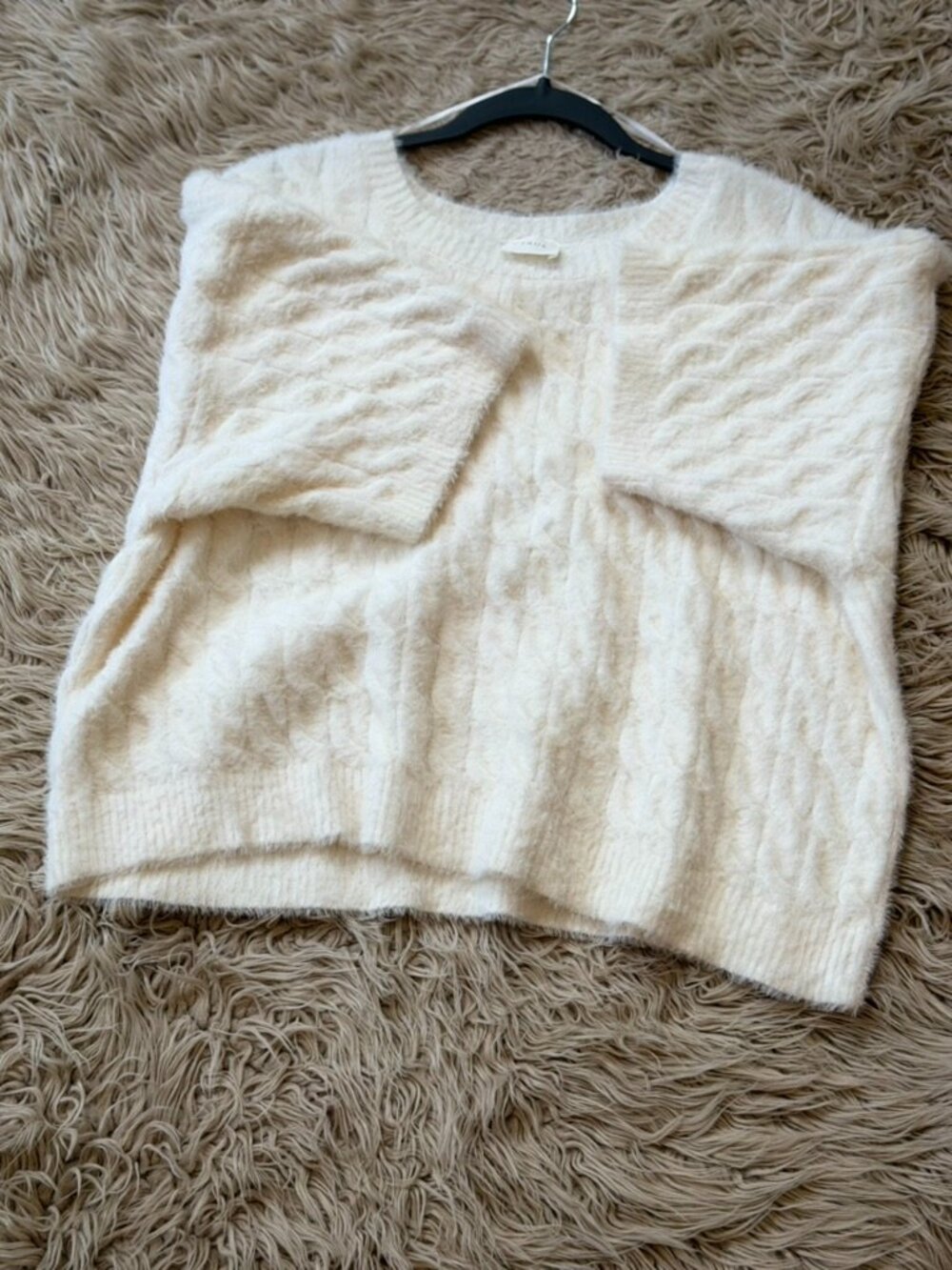 Cyrus Ivory Fuzzy Cable-Knit Crewneck Sweater